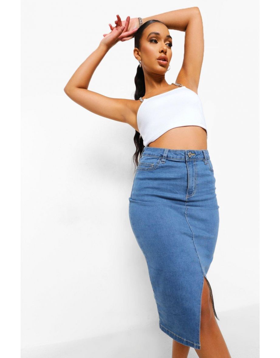 Split Front Midi Denim Skirt - mid blue - 3