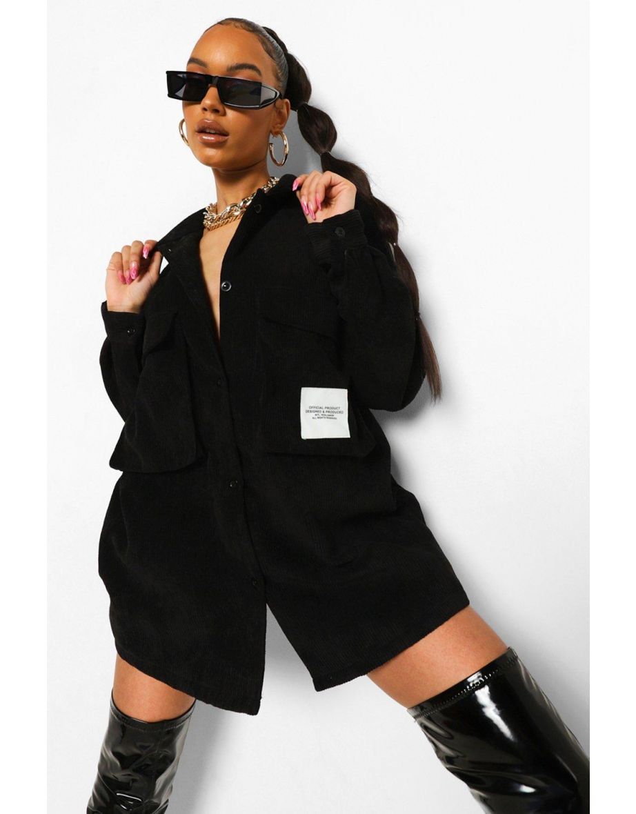 Cord Oversized Utility Pocket Shirt - black
