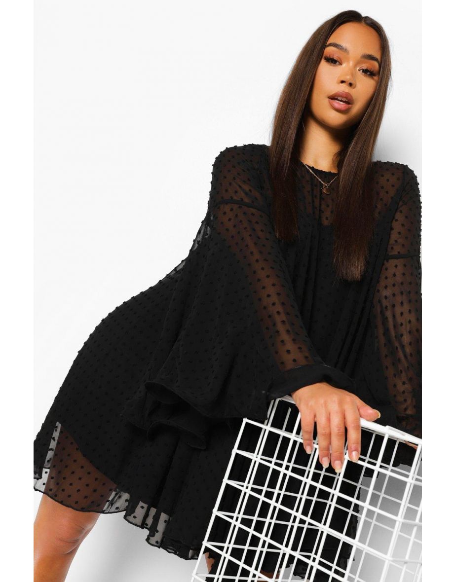 Dobby Mesh Pleated Detail Smock Dress - black - 3