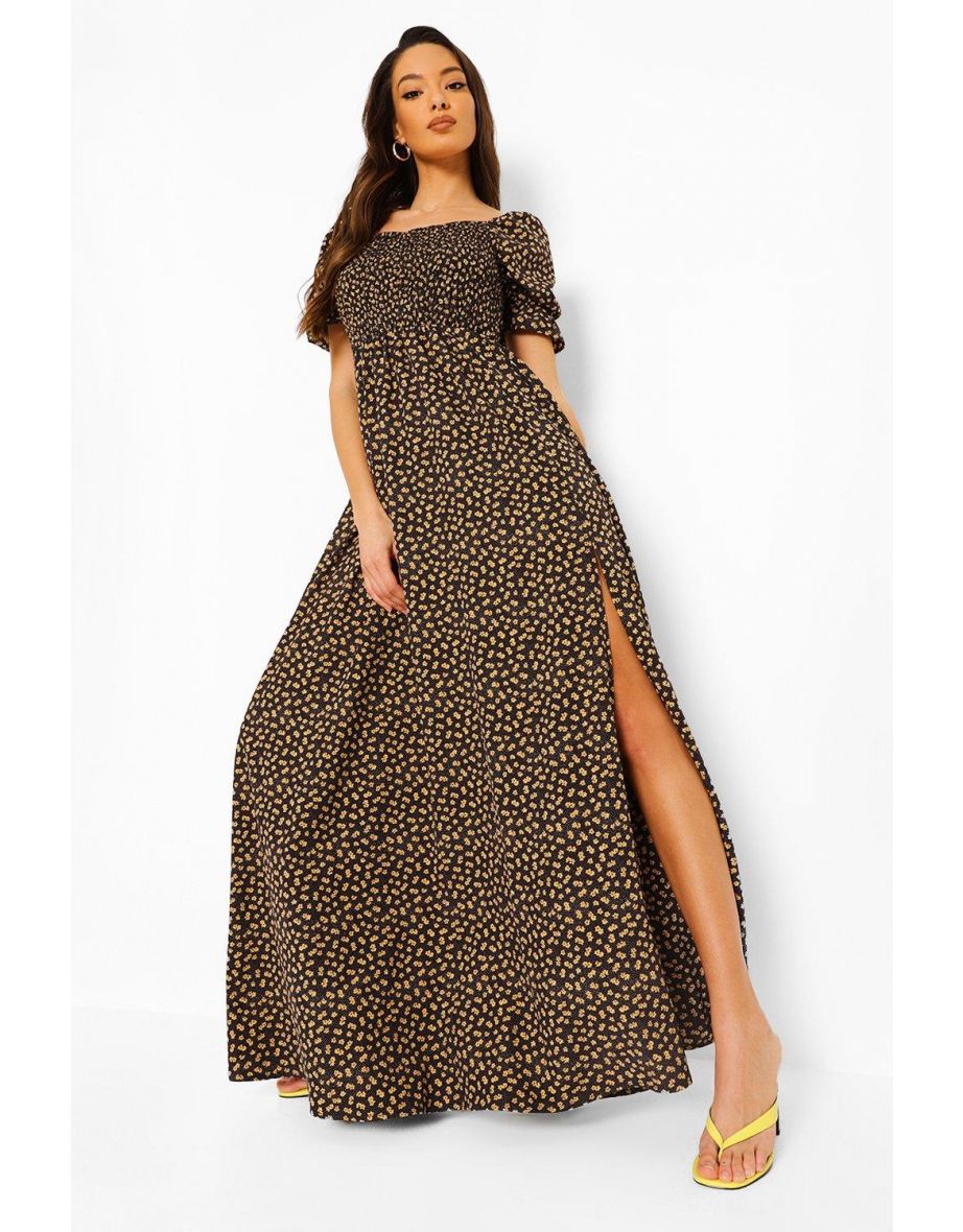 Ditsy Floral Square Neck Shirred Maxi Dress - black