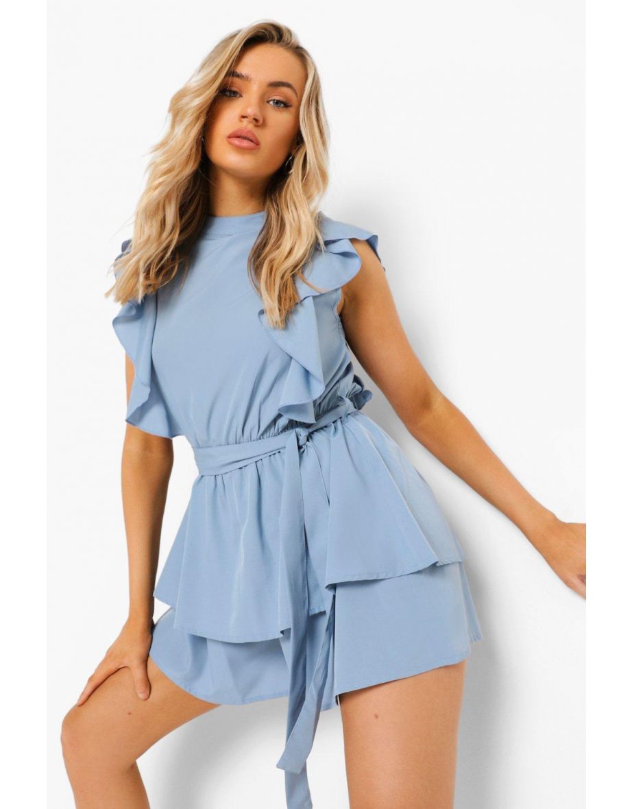 High Neck Frill Detail Belted Playsuit - light blue