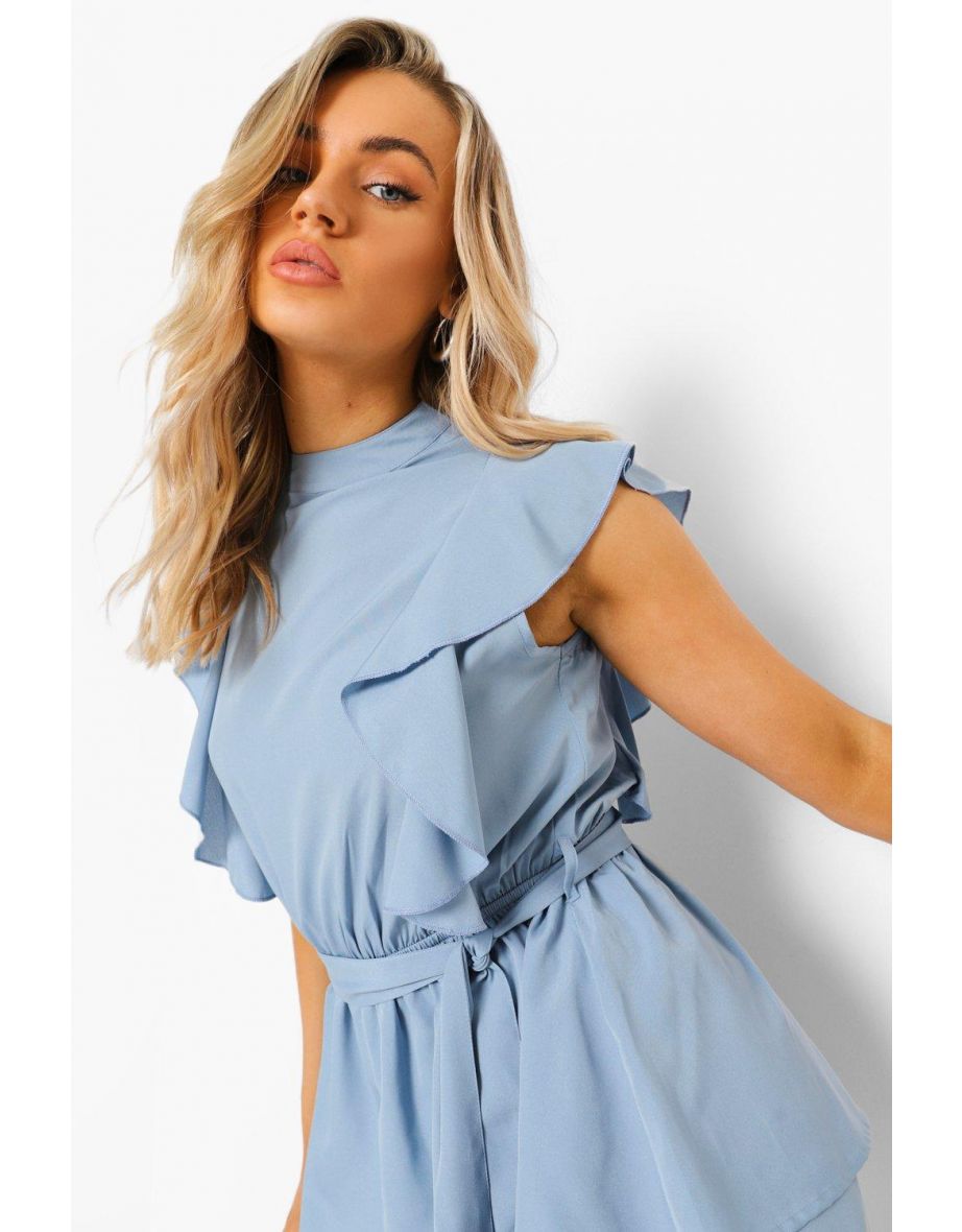 High Neck Frill Detail Belted Playsuit - light blue - 3