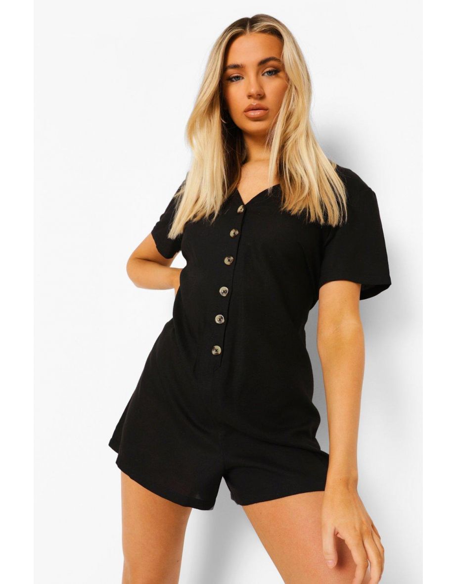 V Neck Button Down Linen Smock Playsuit - black