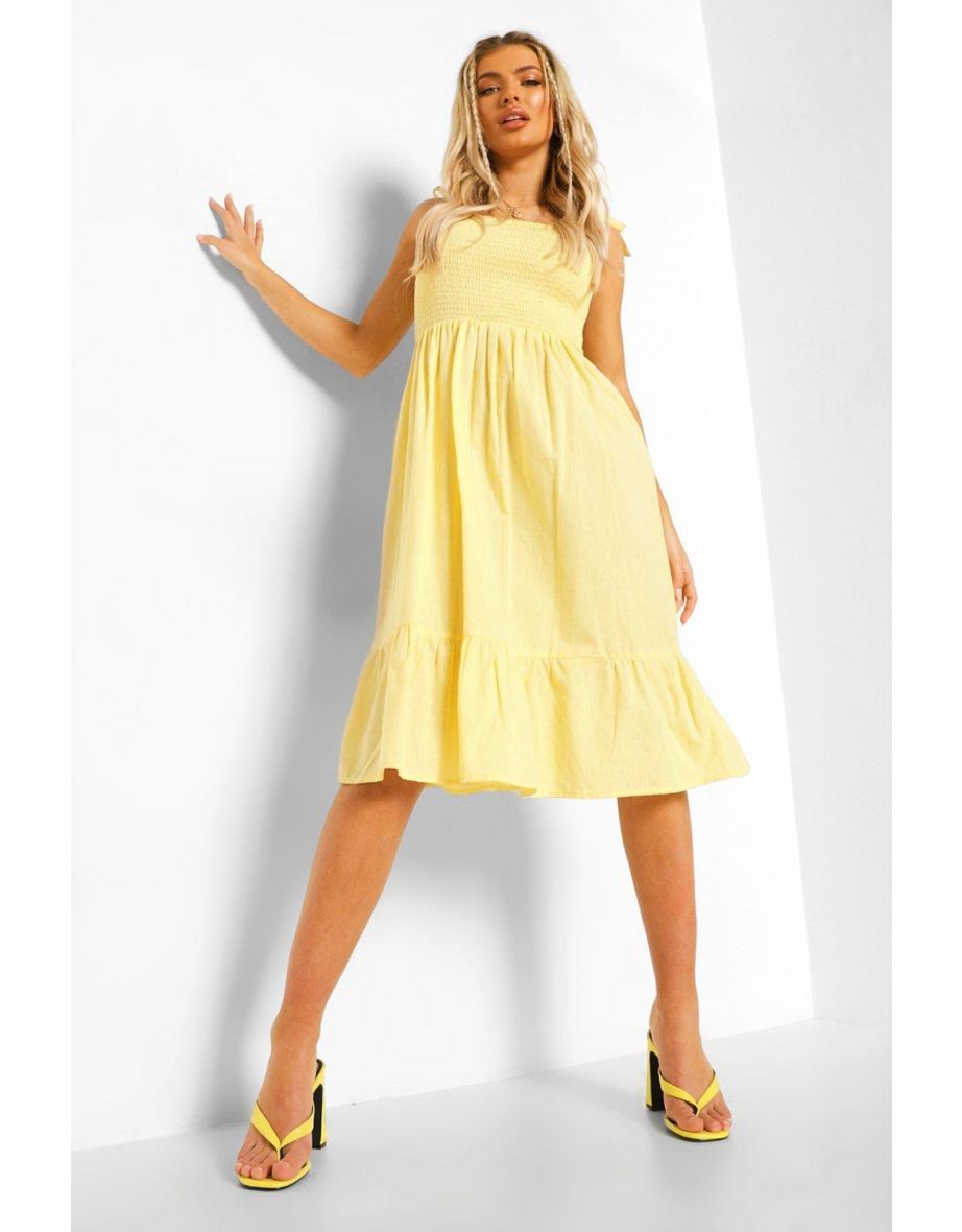 Tie Strap Shirred Bust Cotton Midi Dress - lemon