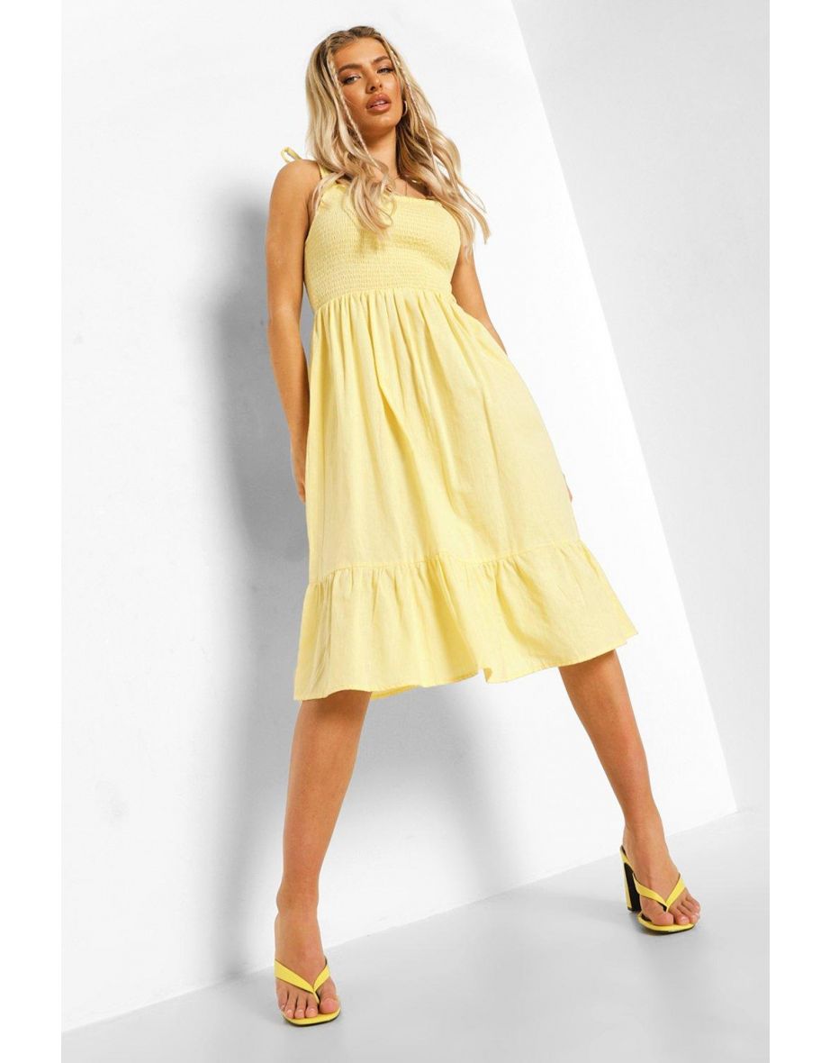 Tie Strap Shirred Bust Cotton Midi Dress - lemon - 3