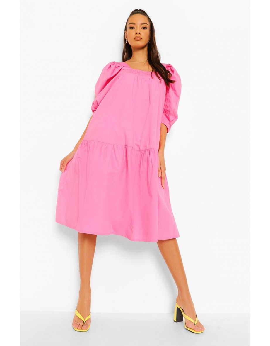 Cotton Puff Sleeve Dropped Hem Midi Dress - pink