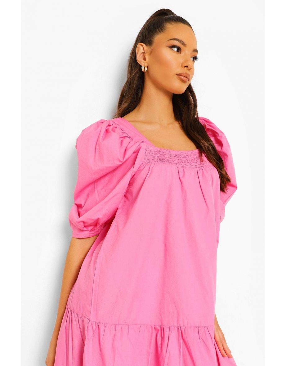 Cotton Puff Sleeve Dropped Hem Midi Dress - pink - 3