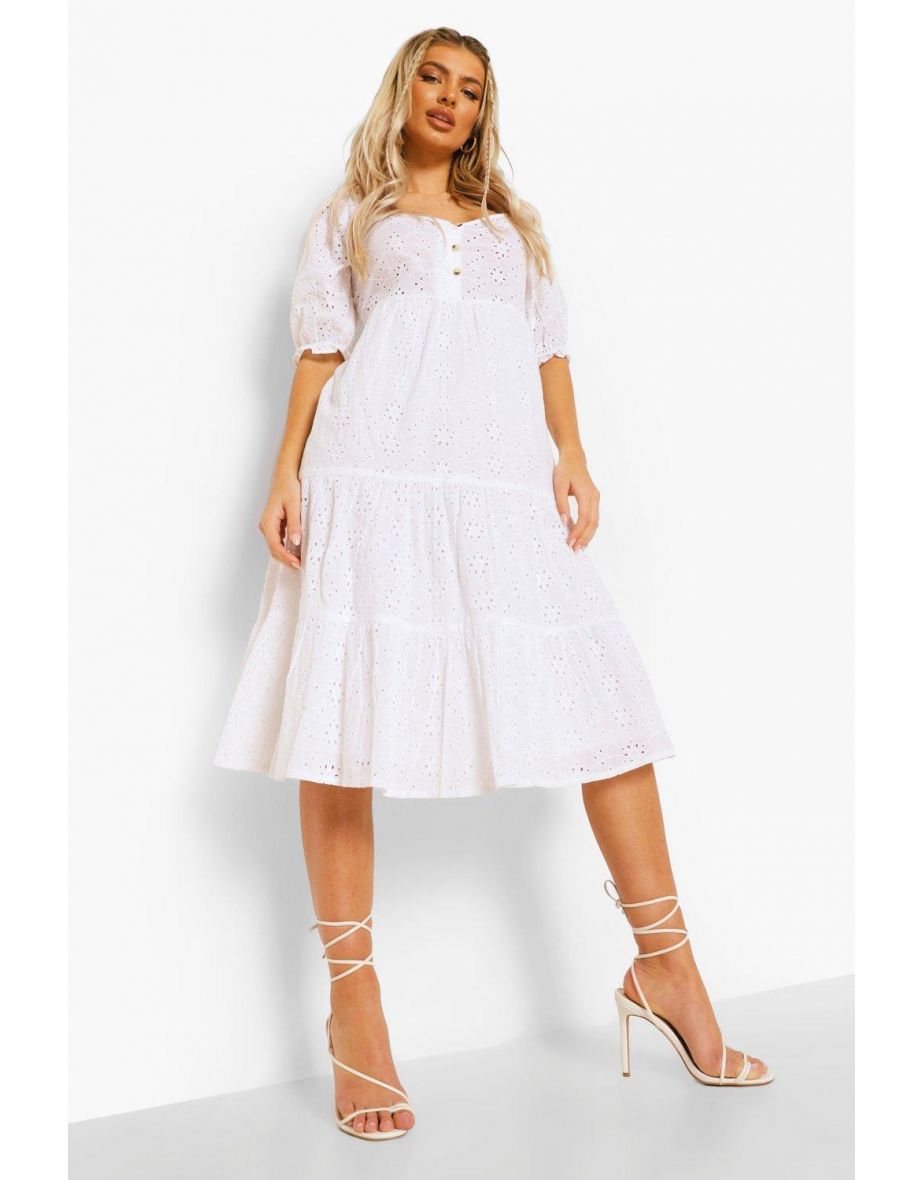 Tiered Broderie Button Down Midi Dress - white