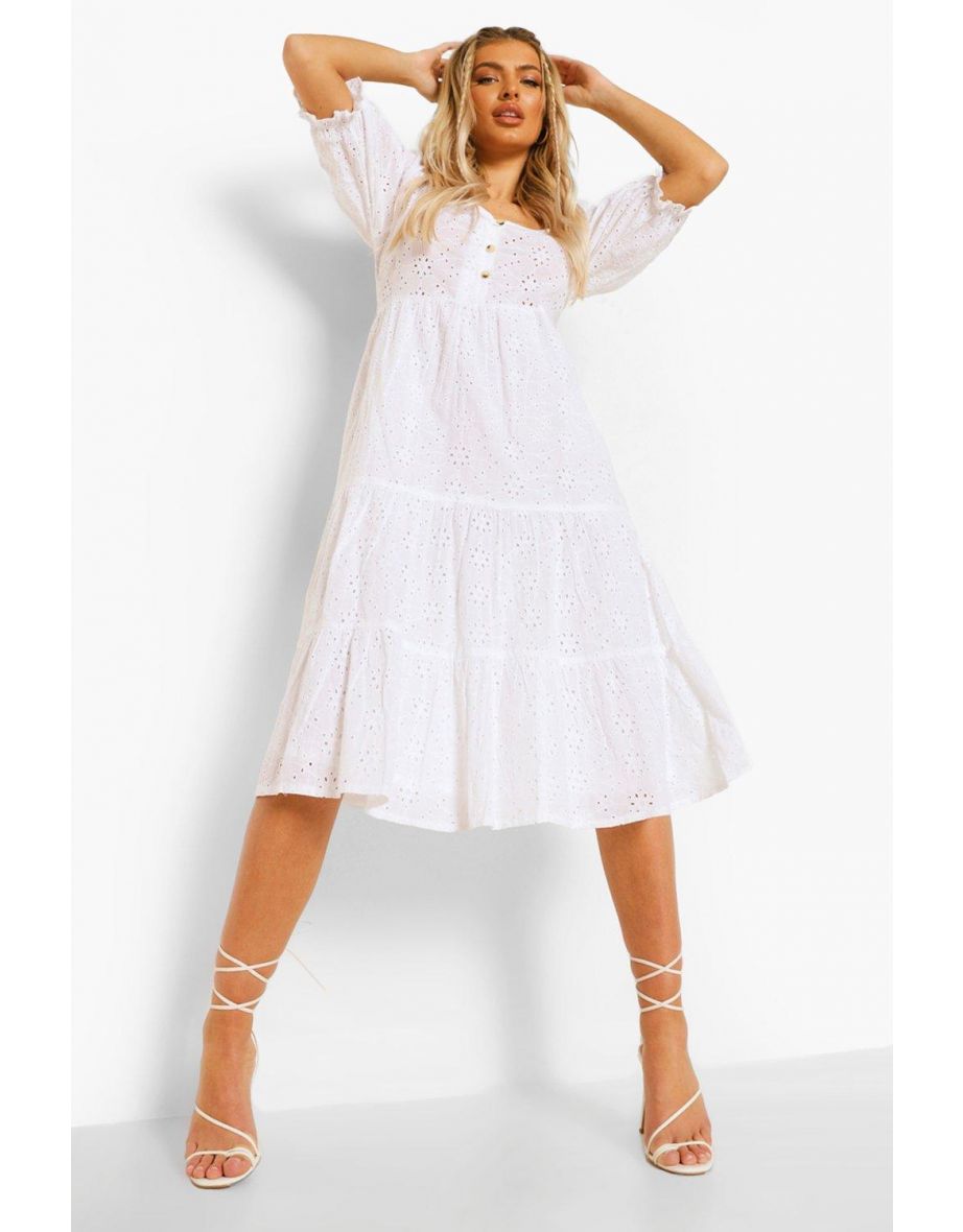 Tiered Broderie Button Down Midi Dress - white - 3