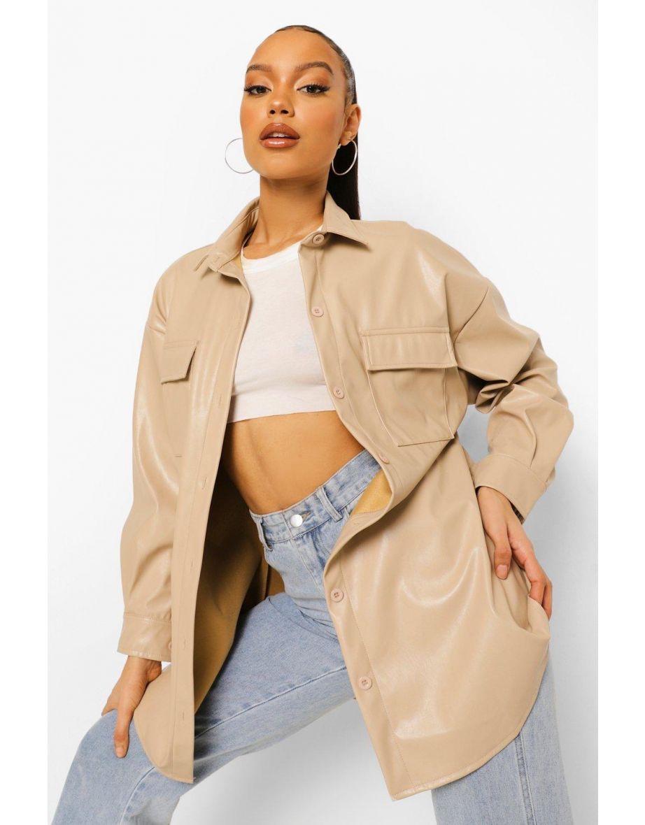 Leather Look Oversized Shacket - stone