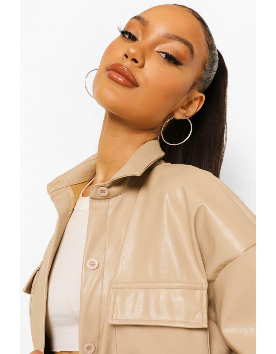 Leather Look Oversized Shacket - stone - 3