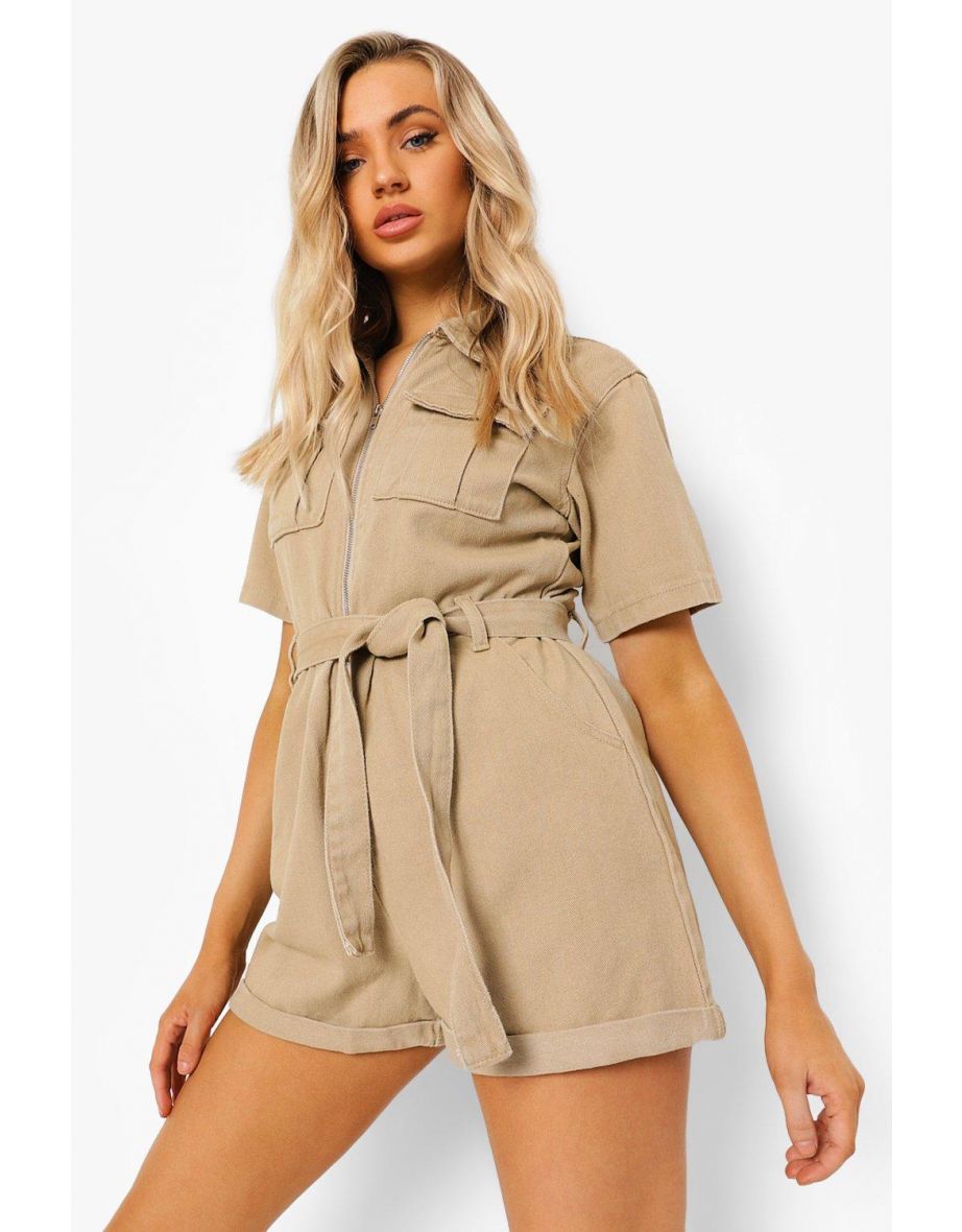 Belted Denim Utility Playsuit - taupe