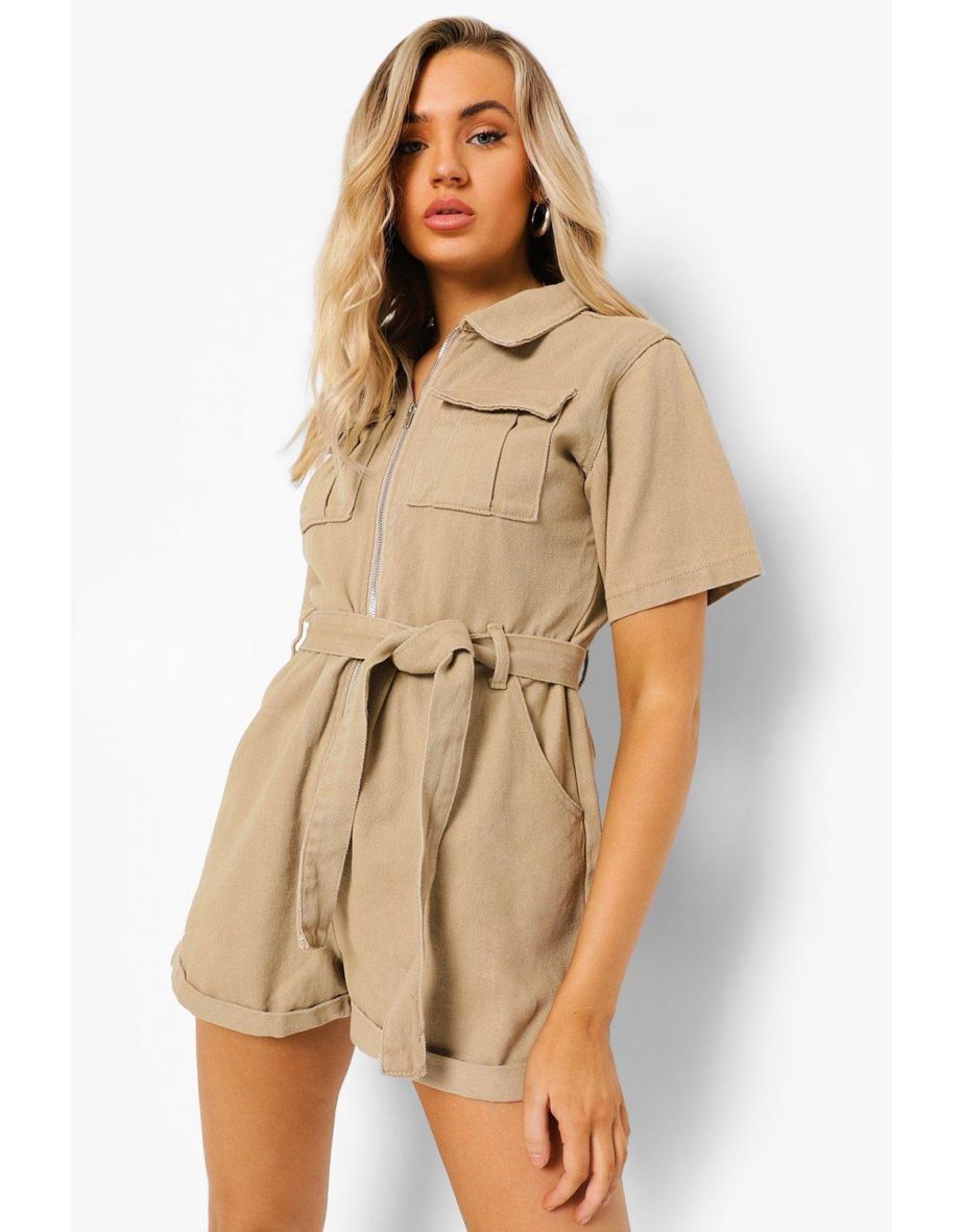 Belted Denim Utility Playsuit - taupe - 3