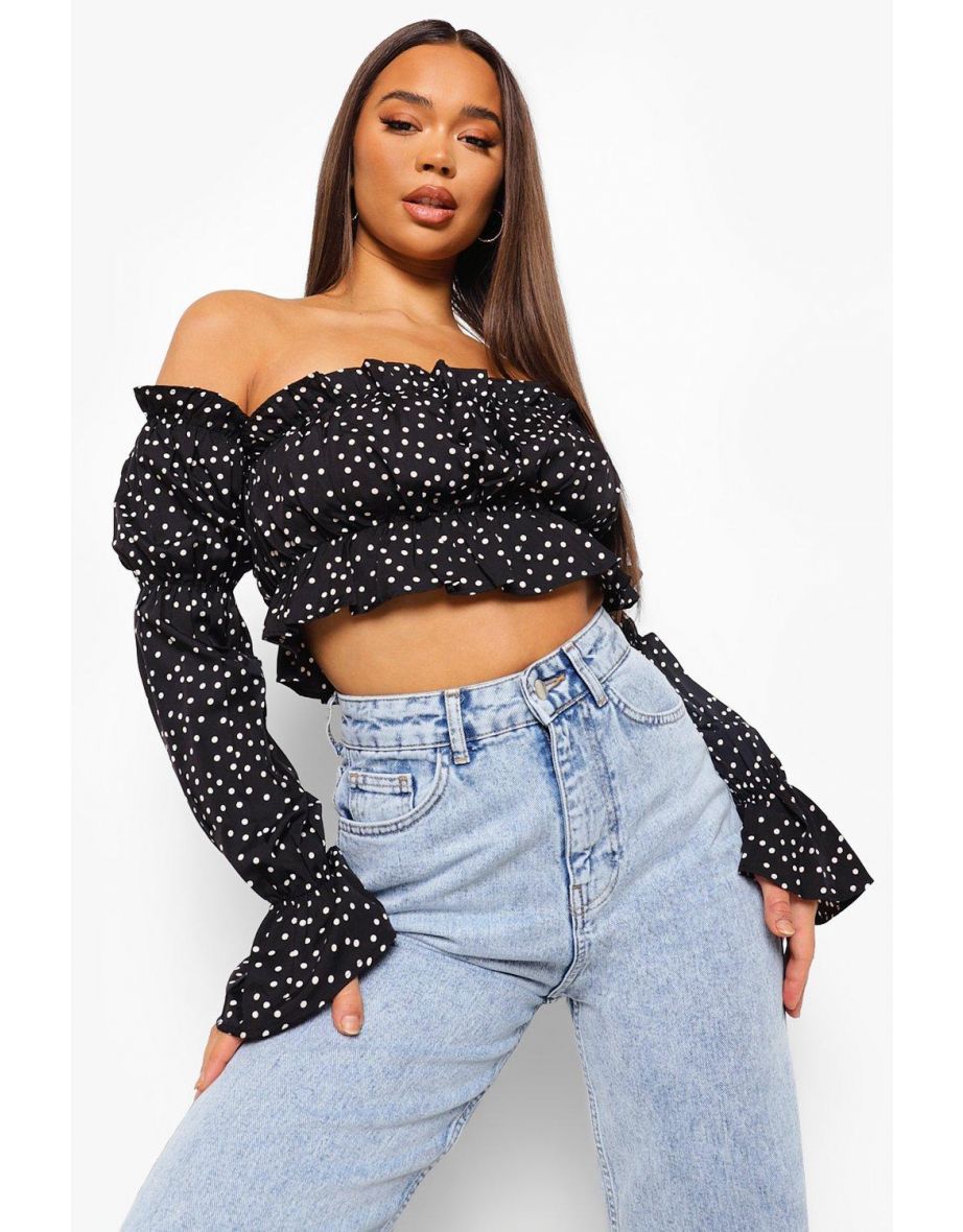 Woven Polka Dot Off The Shoulder Crop Top - black - 3