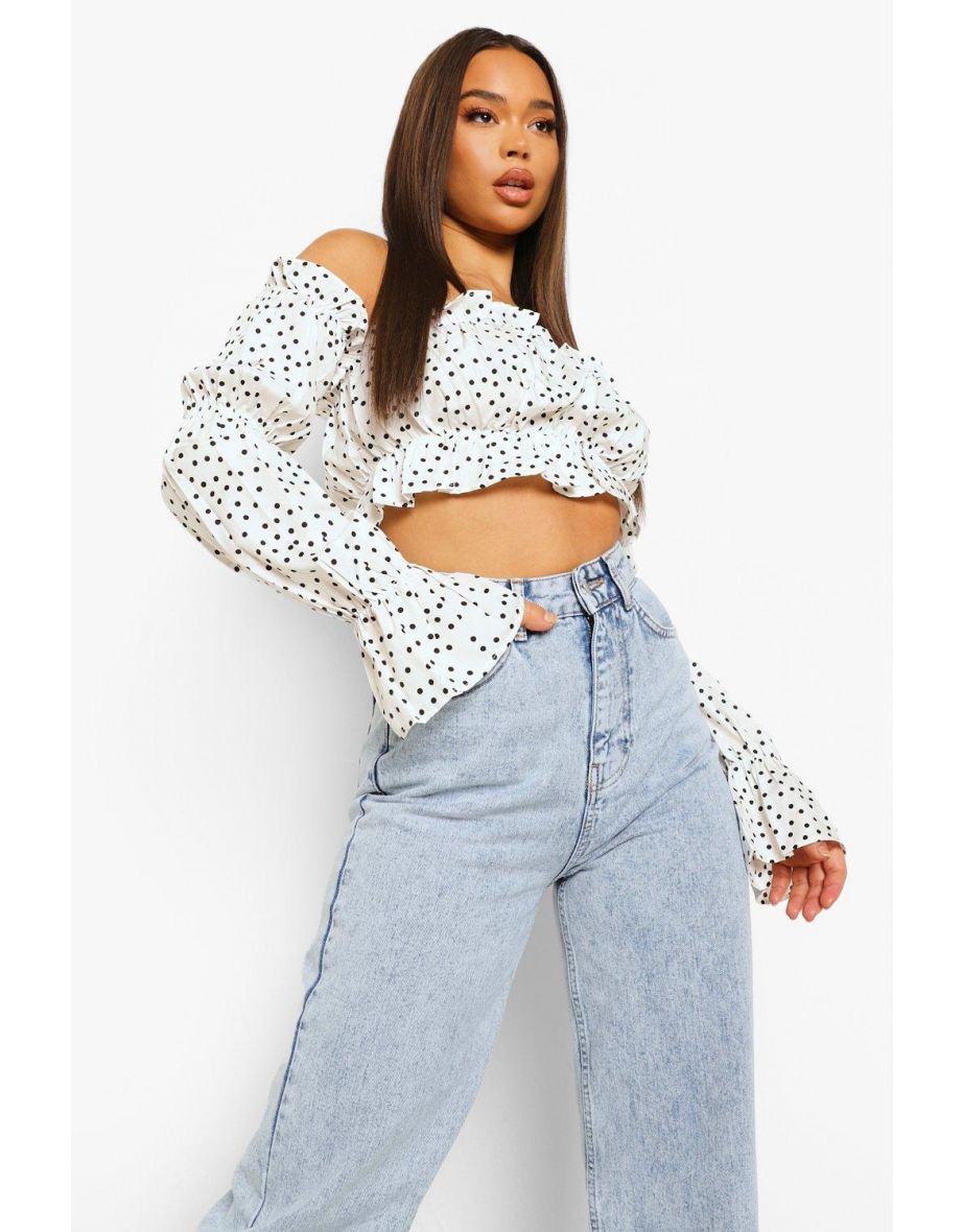 Woven Polka Dot Off The Shoulder Crop Top - ivory