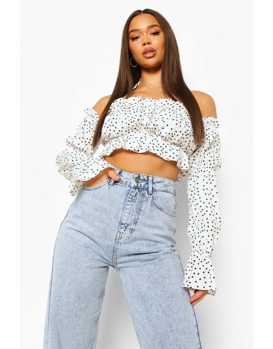 Woven Polka Dot Off The Shoulder Crop Top - ivory - 3