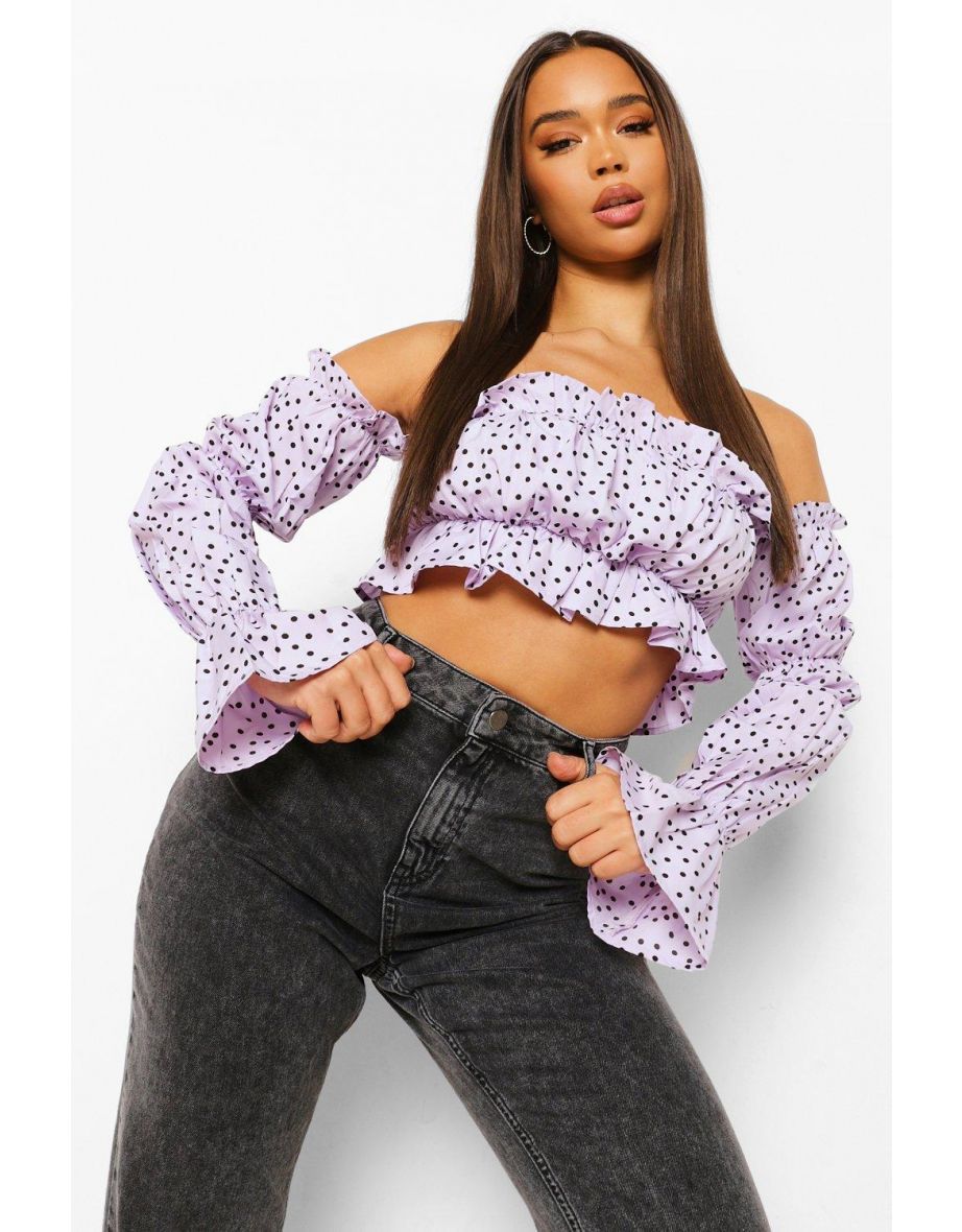 Woven Polka Dot Off The Shoulder Crop Top - lilac