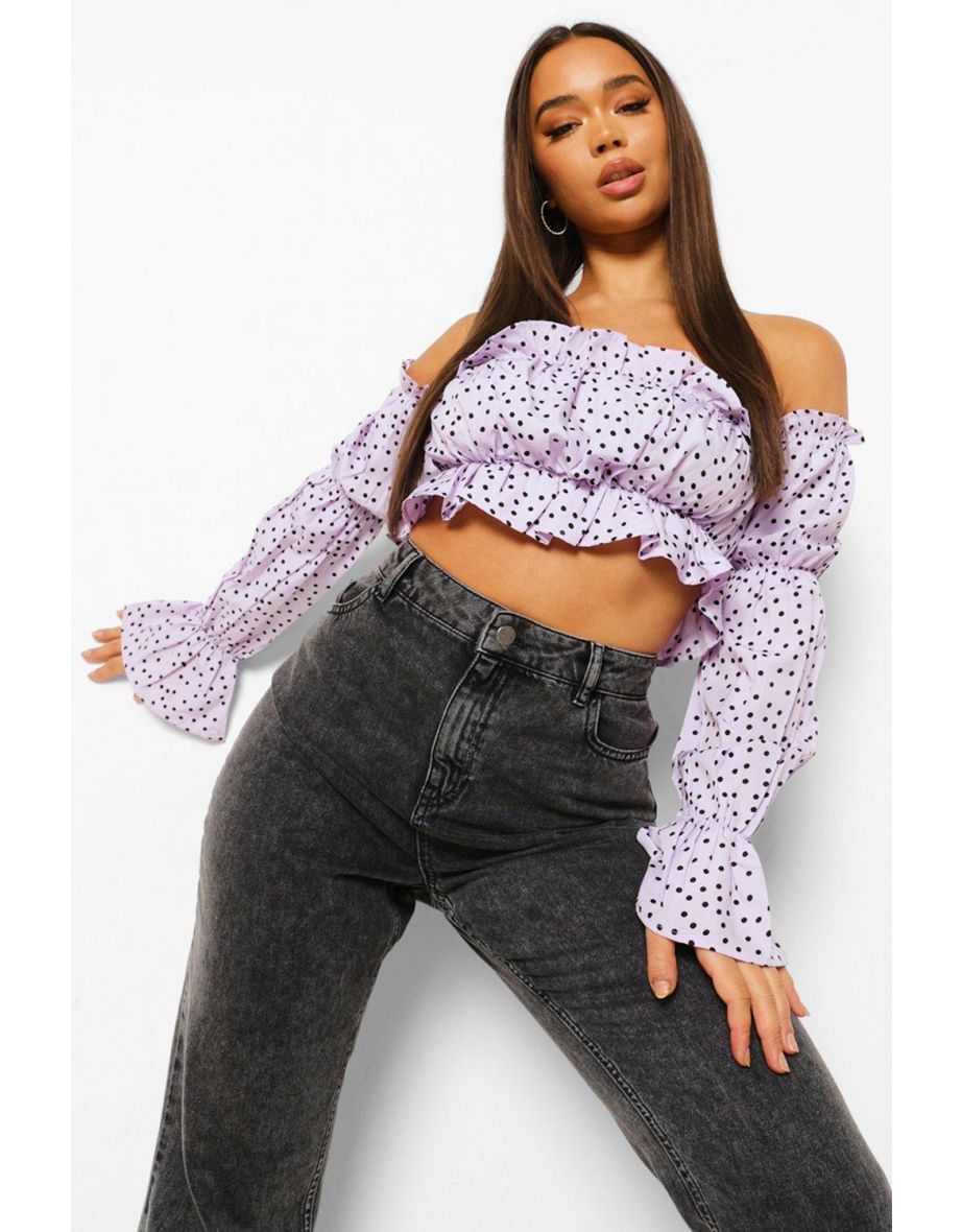 Woven Polka Dot Off The Shoulder Crop Top - lilac - 3