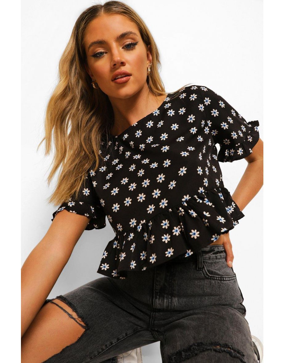 Woven Ditsy Peplum Top - black