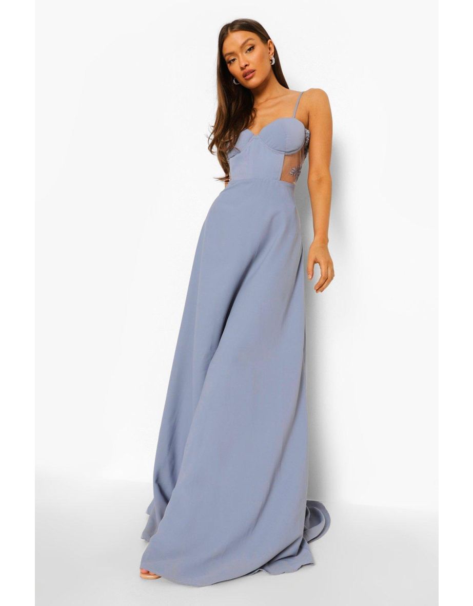 Contrast Lace Corset Maxi Dress - dusty blue