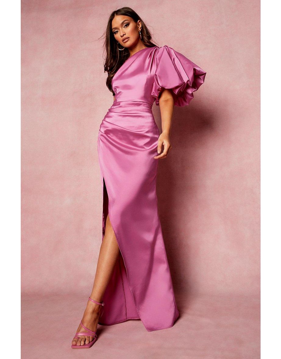 Puff One Shoulder Side Split Maxi Dress - magenta