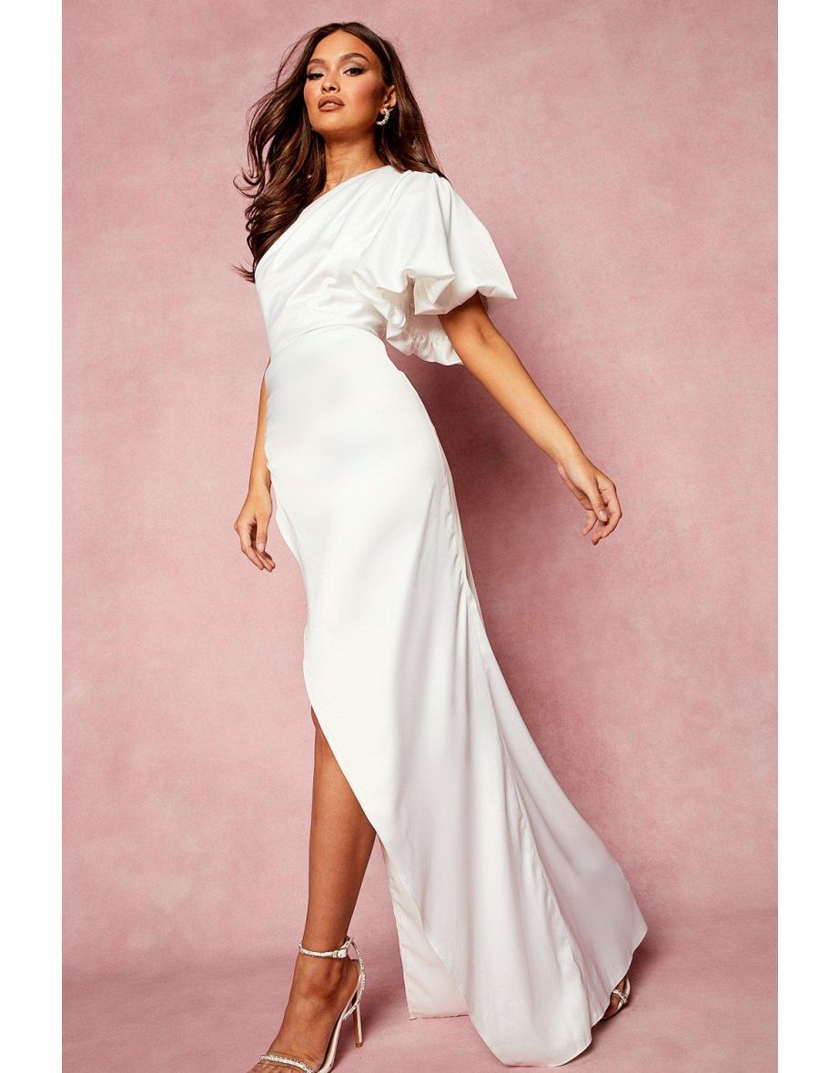 Puff One Shoulder Side Split Maxi Dress - white