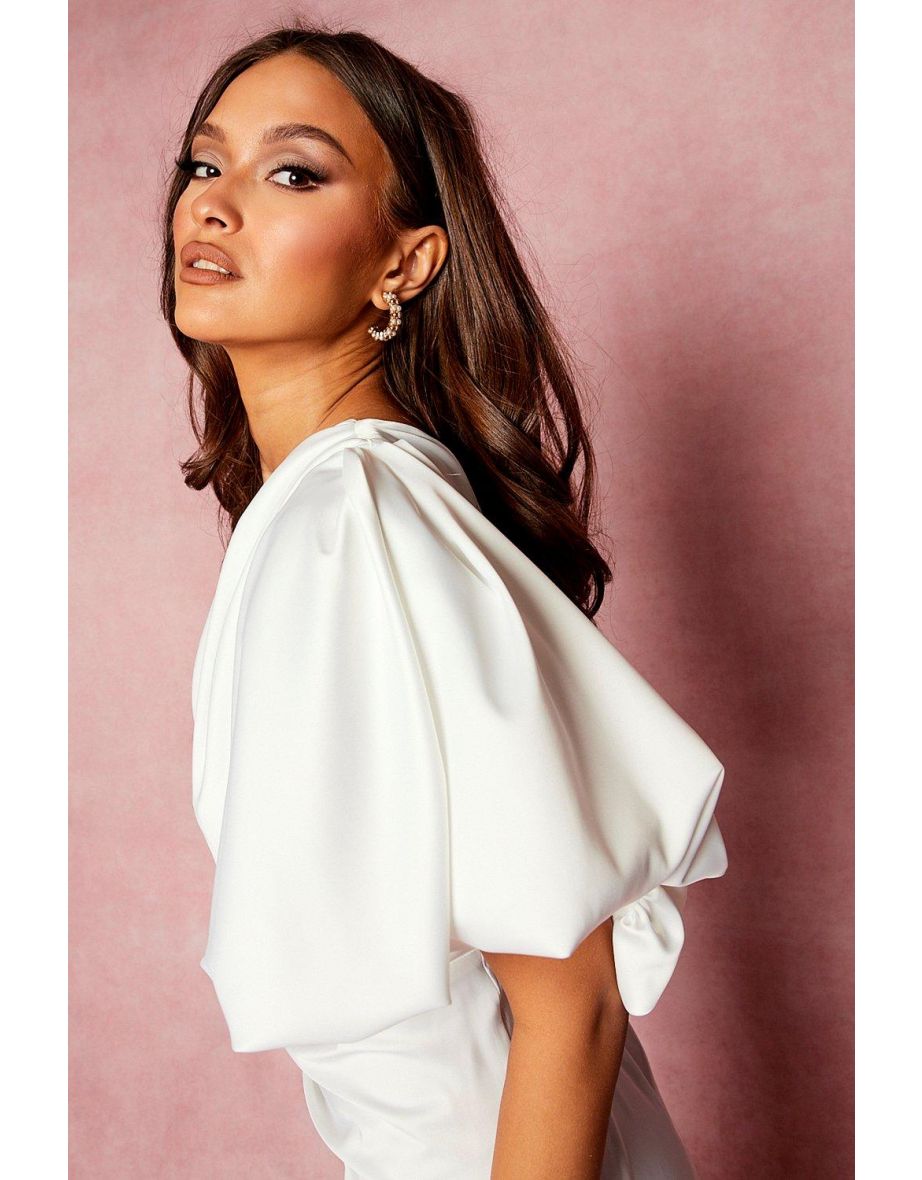 Puff One Shoulder Side Split Maxi Dress - white - 3