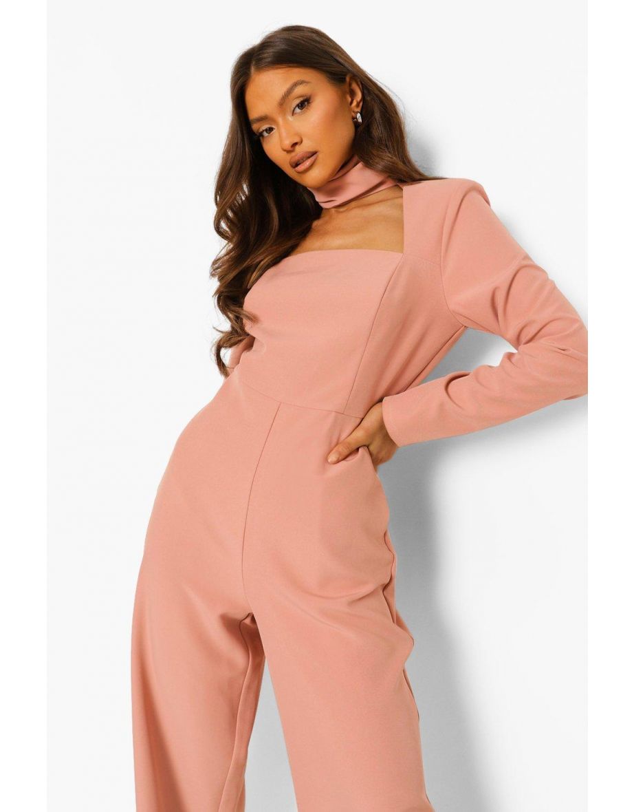 High Neck Cut Out Wide Leg Jumpsuit - rose - 3