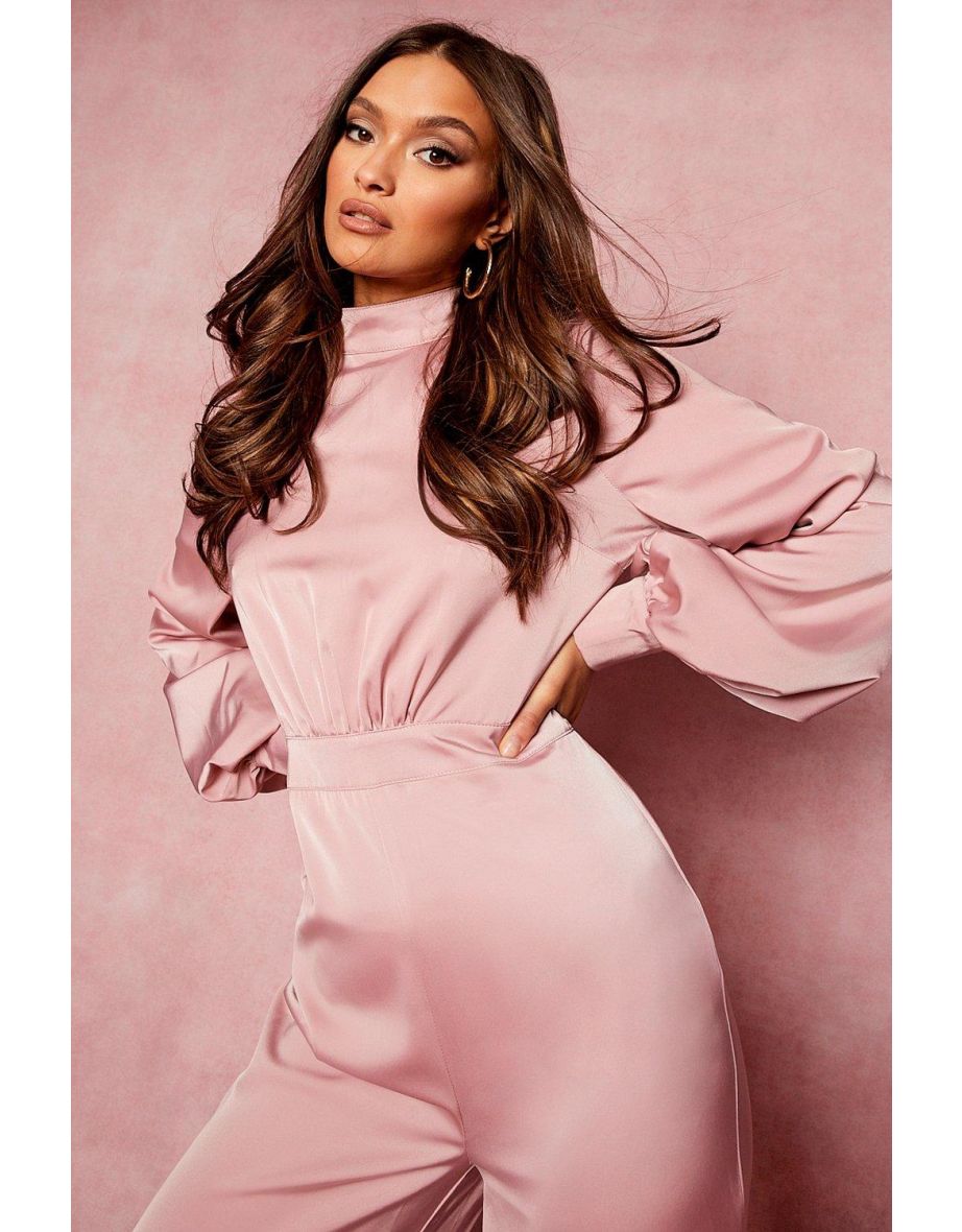 High Neck Balloon Sleeve Jumpsuit - rose - 3