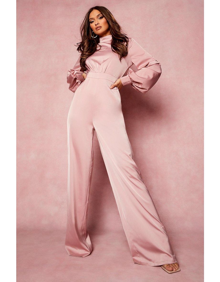 High Neck Balloon Sleeve Jumpsuit - rose