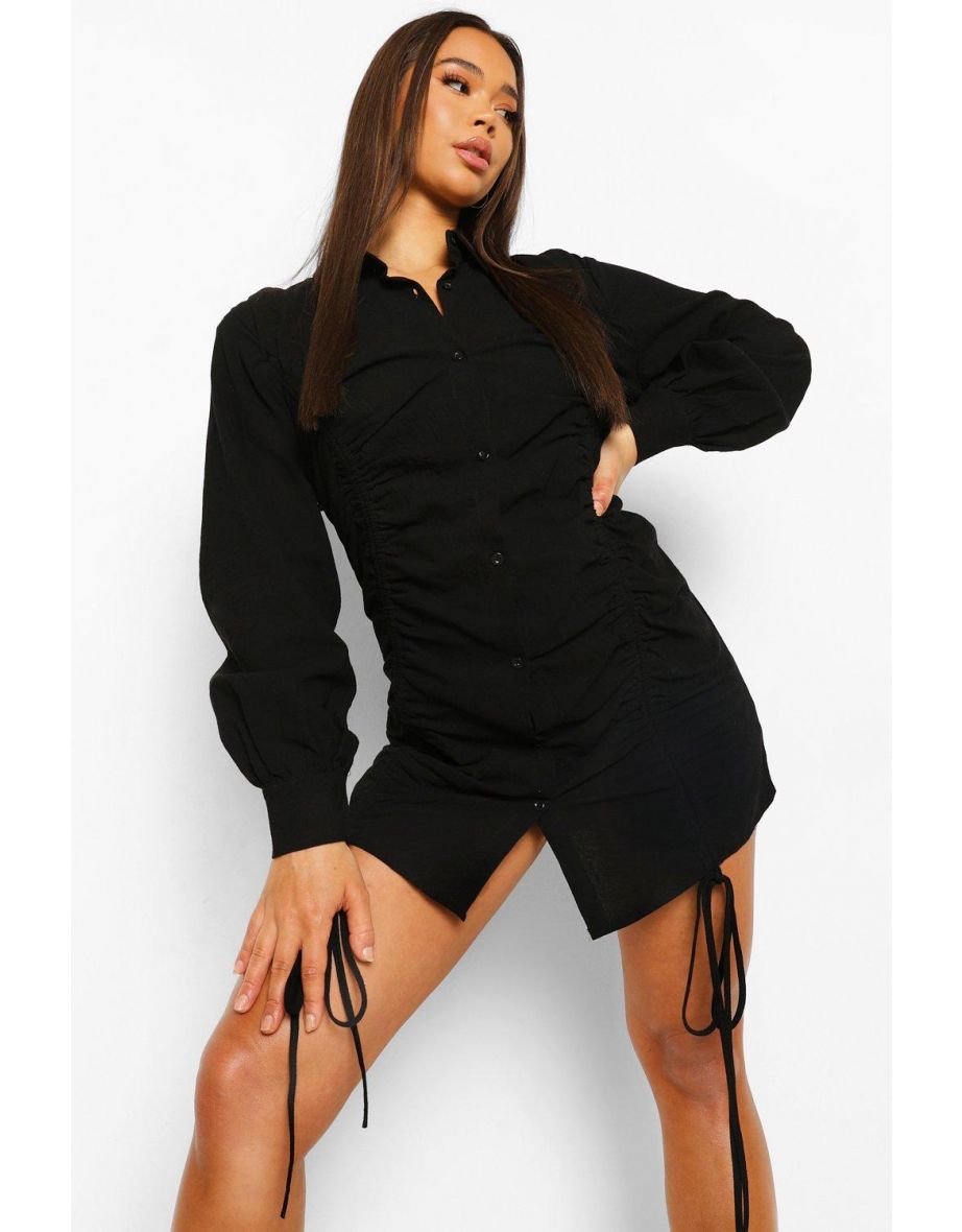 Rouched Linen Shirt Dress - black - 3