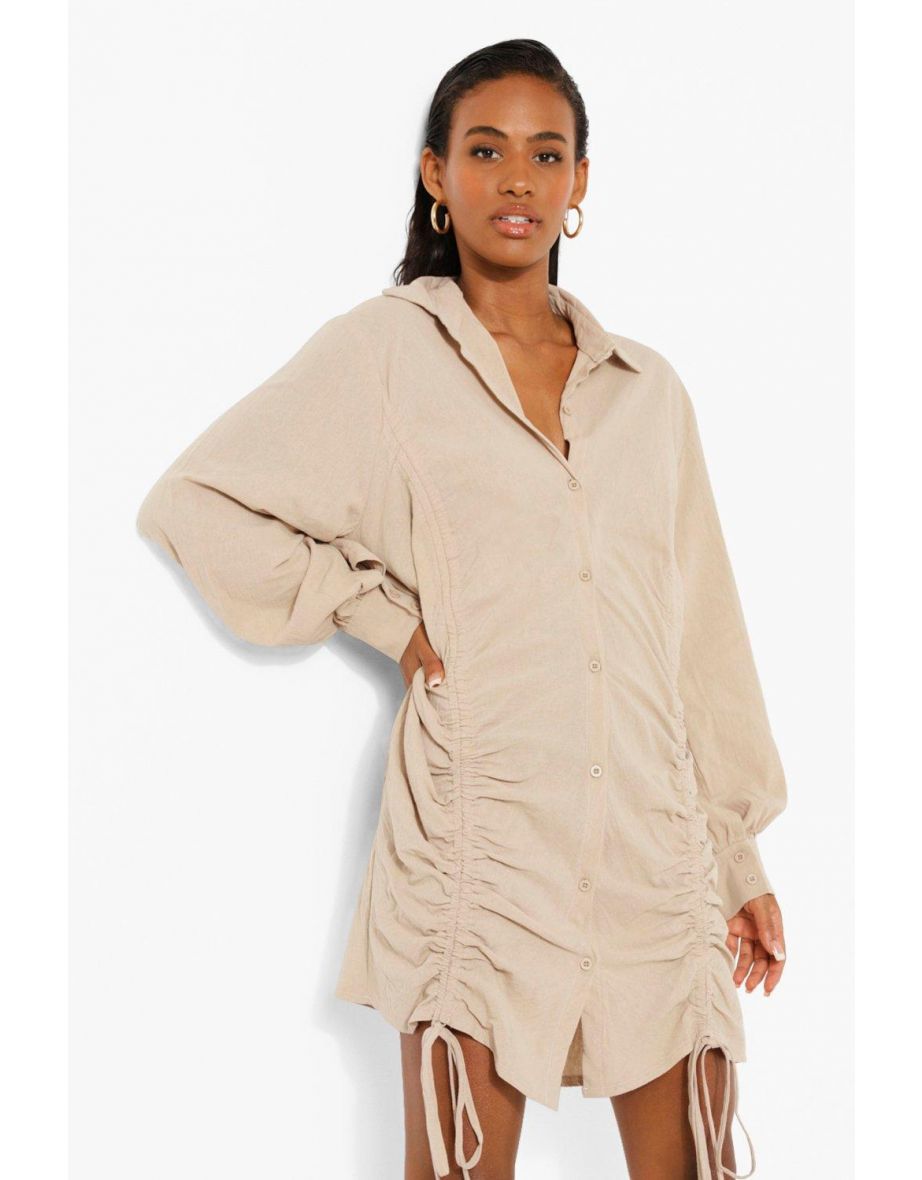 Rouched Linen Shirt Dress - stone