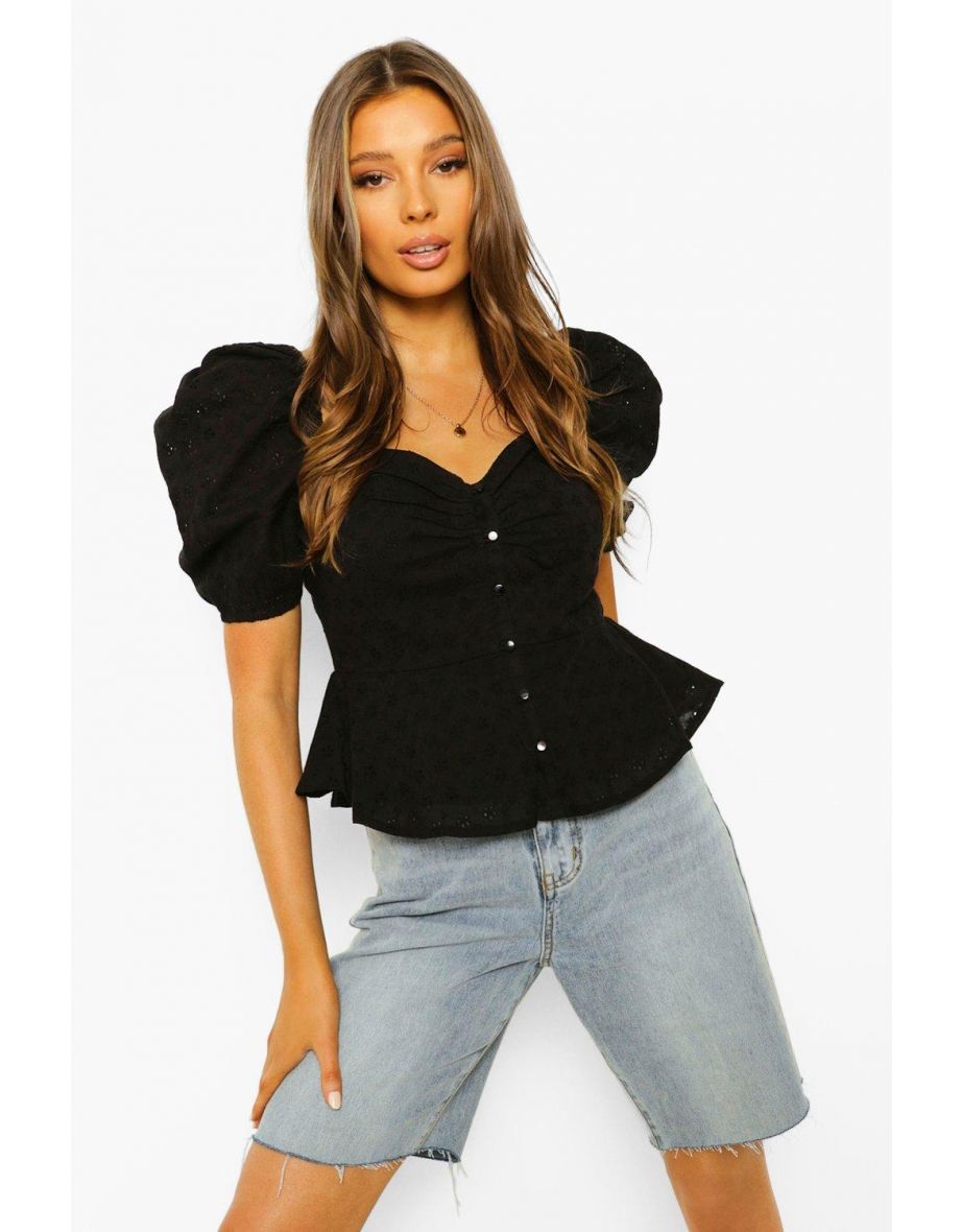 Broderie Puff Sleeve Button Through Top - black