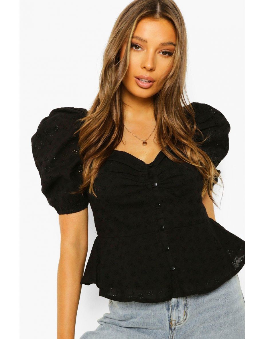Broderie Puff Sleeve Button Through Top - black - 3