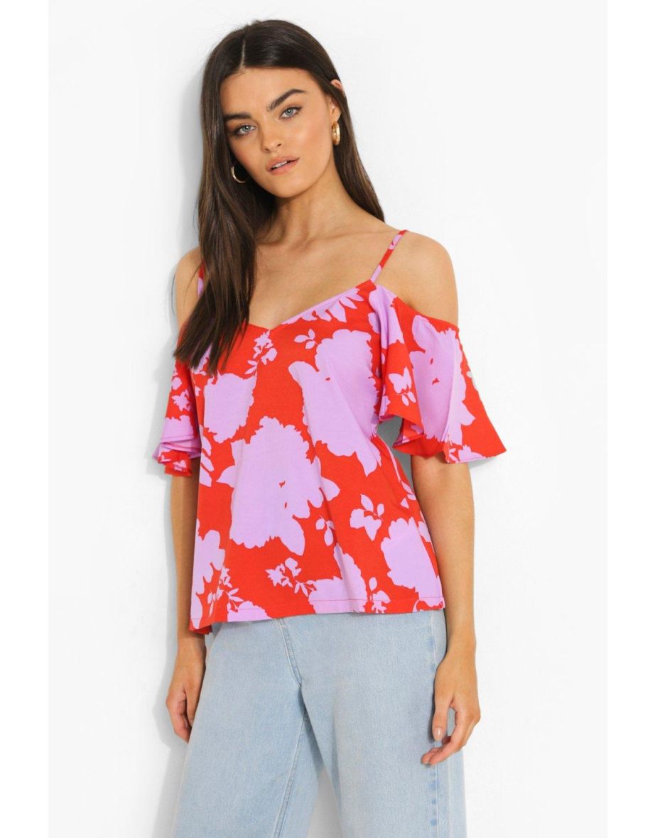 Woven Floral Cold Shoulder Cami Top - orange