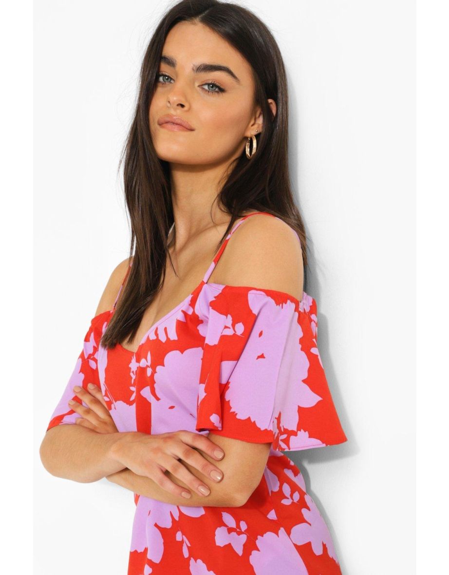 Woven Floral Cold Shoulder Cami Top - orange - 2