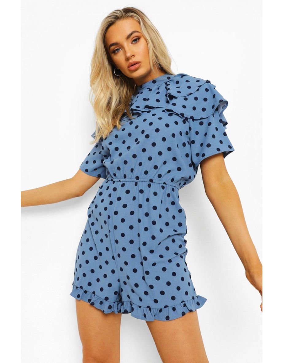 Polka Dot High Neck Ruffle Playsuit - blue - 3
