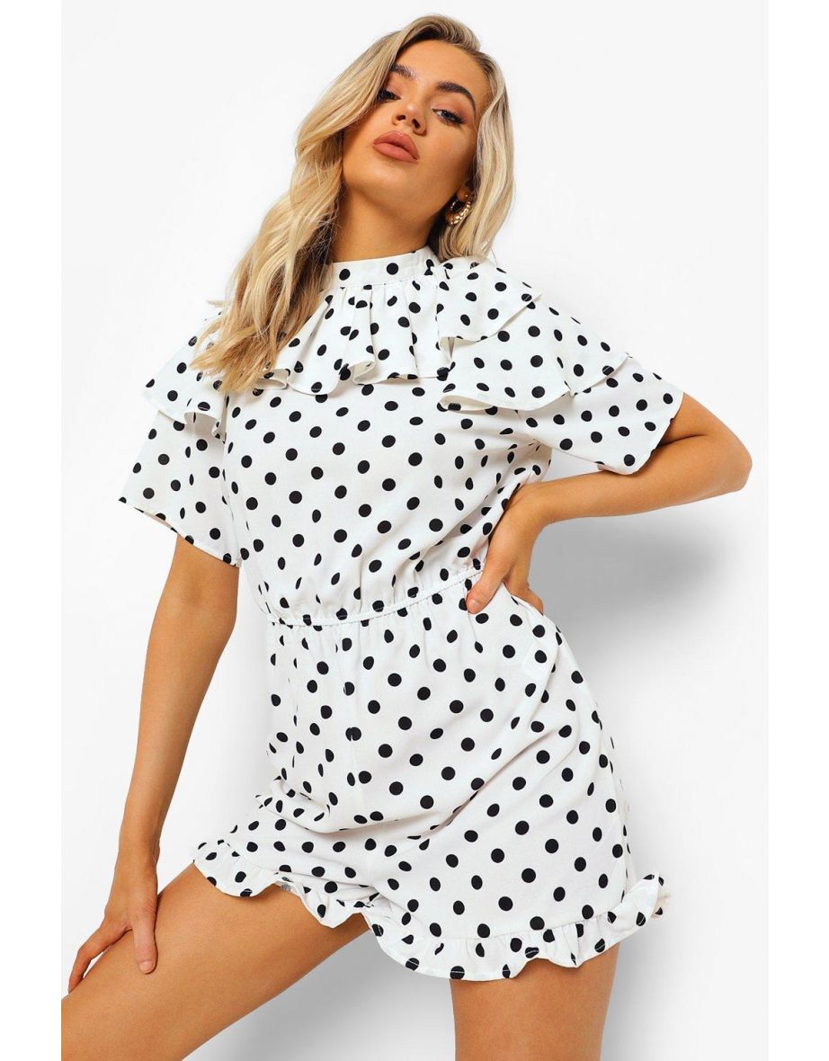 Polka Dot High Neck Ruffle Playsuit - white