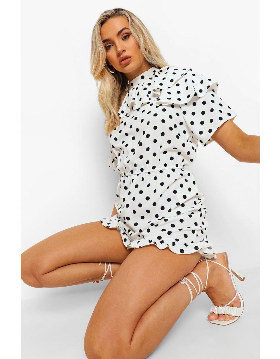 Polka Dot High Neck Ruffle Playsuit - white - 3