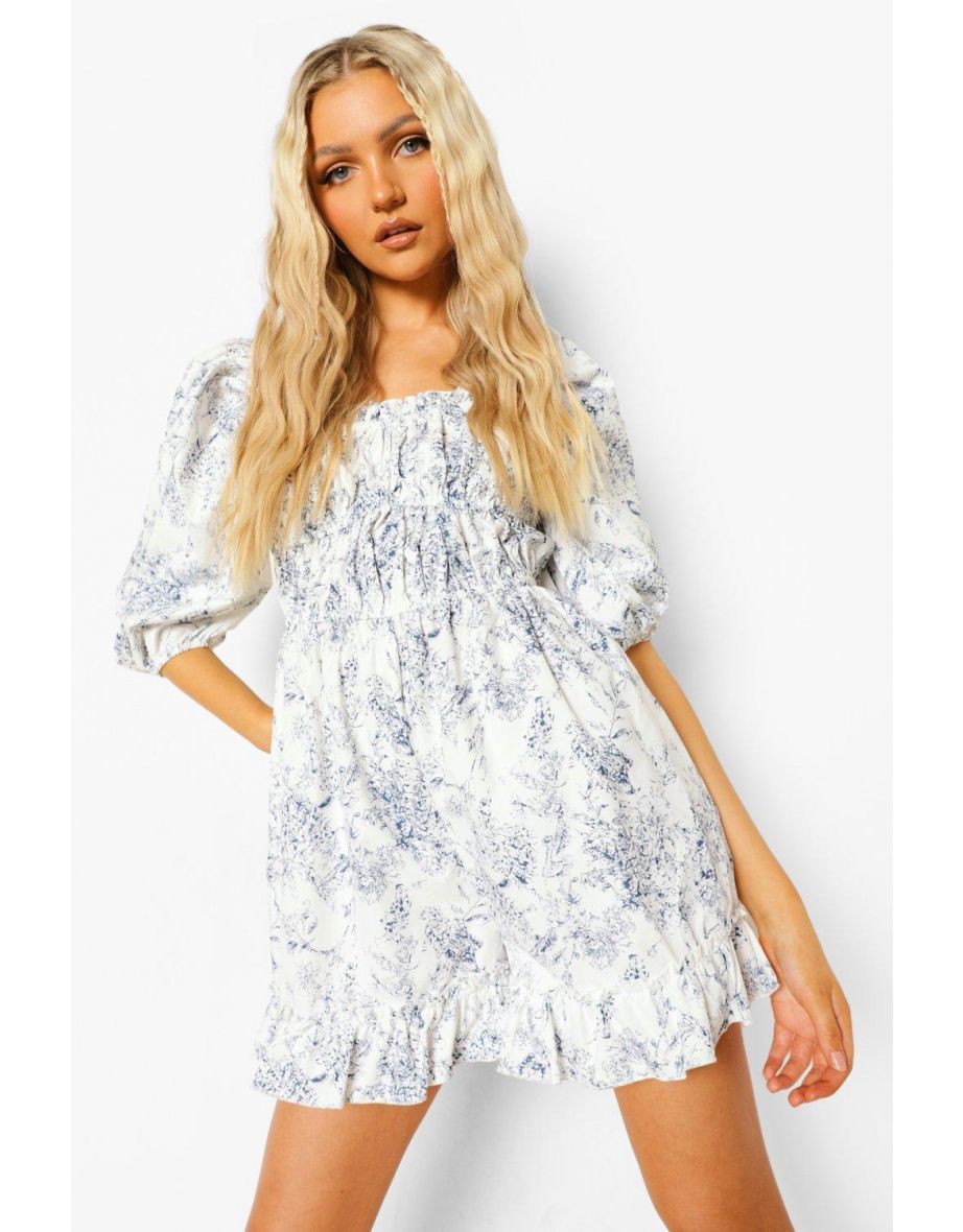Porcelain Print Puff Sleeve Ruched Playsuit - black