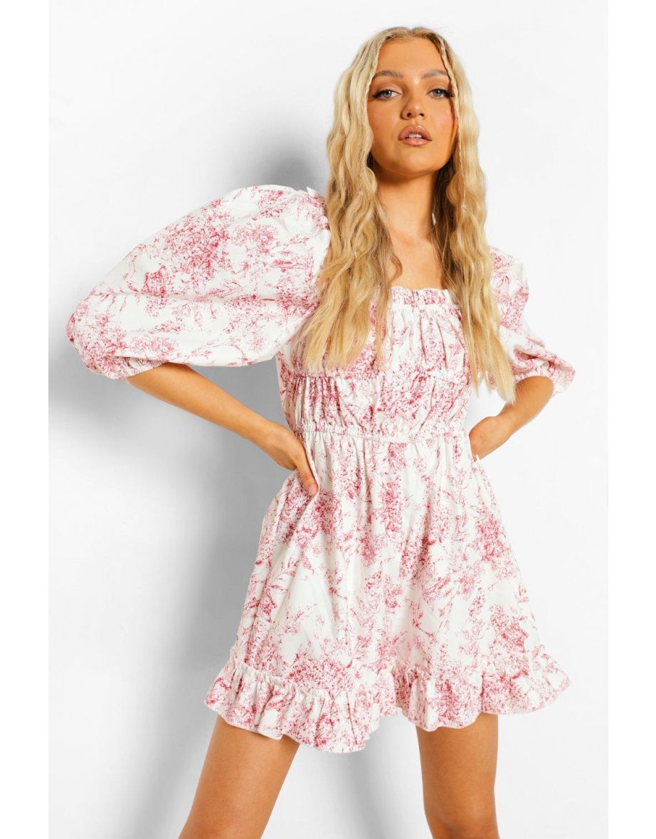 Porcelain Print Puff Sleeve Ruched Playsuit - red