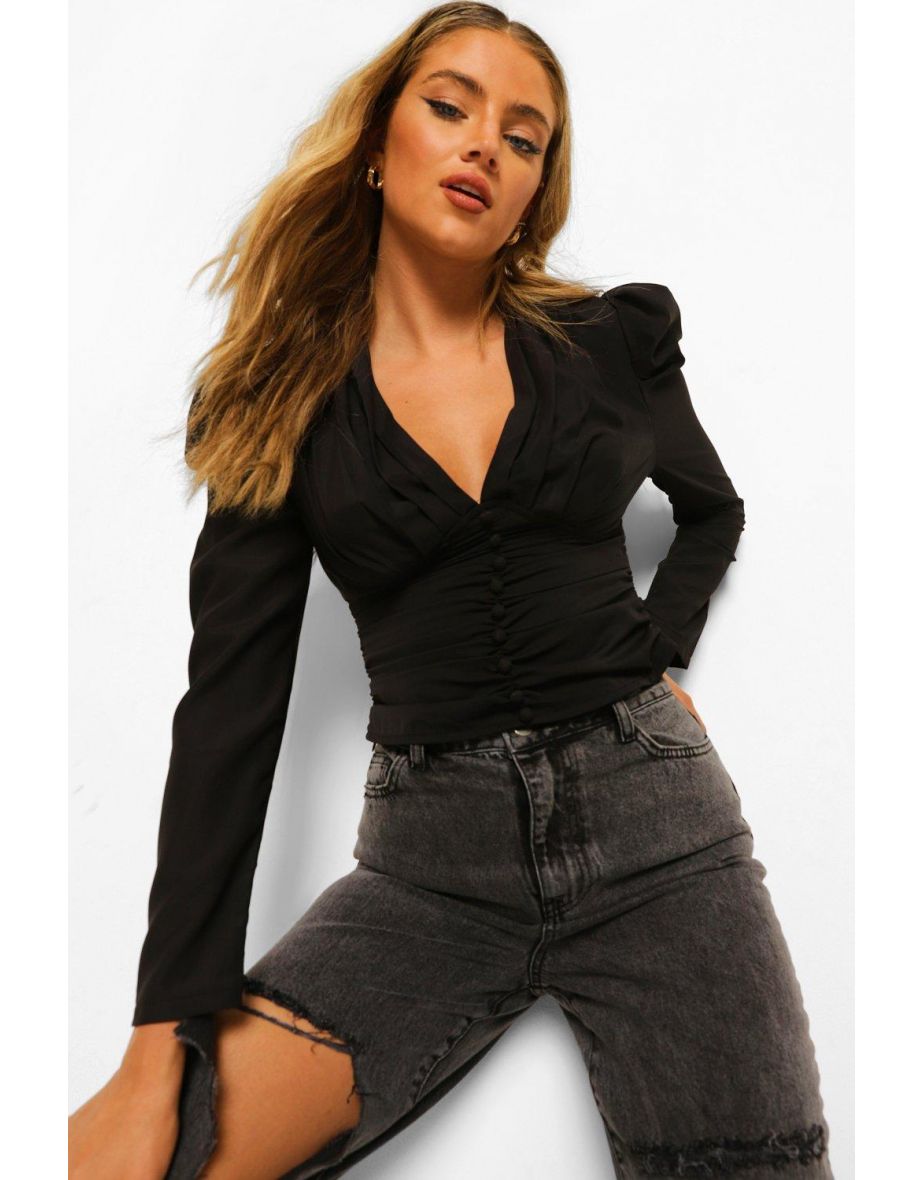 Button Up Ruched Blouse - black