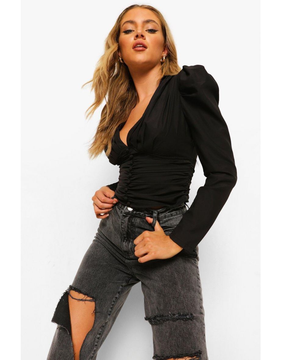 Button Up Ruched Blouse - black - 3