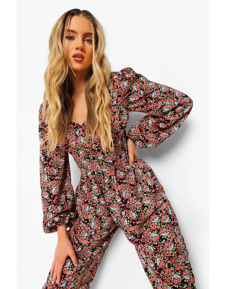 Floral Pleat Detail Culotte Jumpsuit - black
