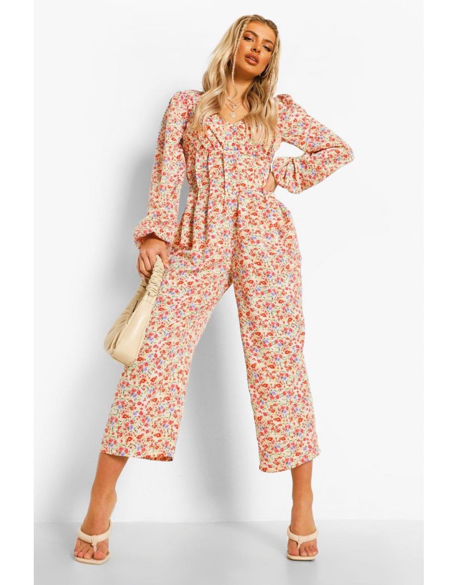 Floral Pleat Detail Culotte Jumpsuit - cream - 3