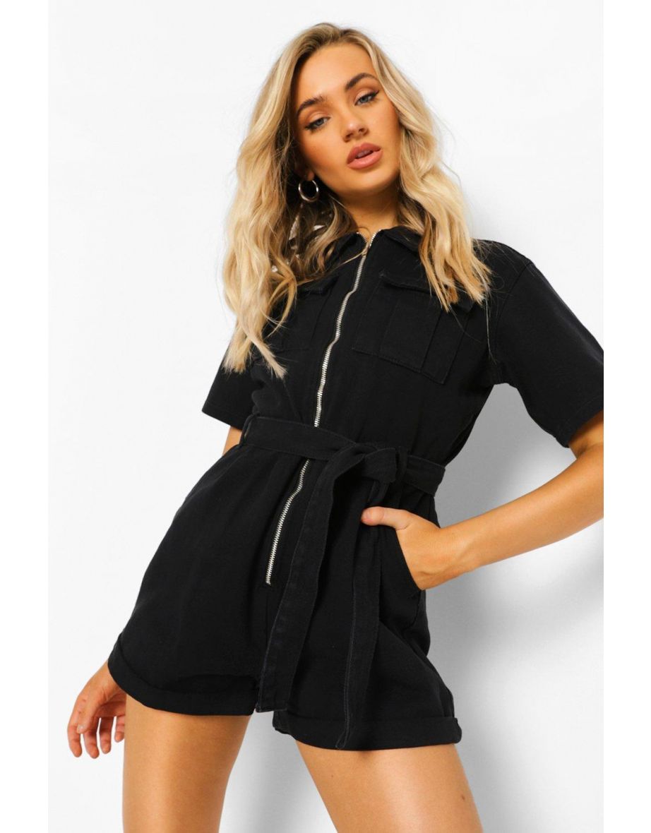 Belted Denim Utility Playsuit - black - 3