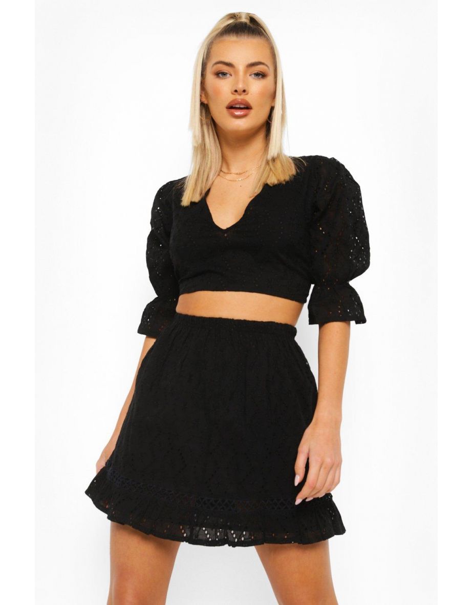 Broderie Open Back Top & Pep Hem Skirt - black