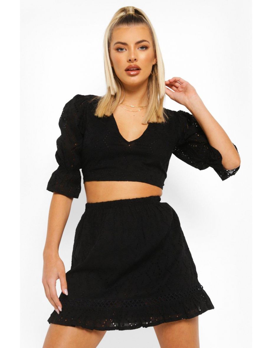 Broderie Open Back Top & Pep Hem Skirt - black - 3