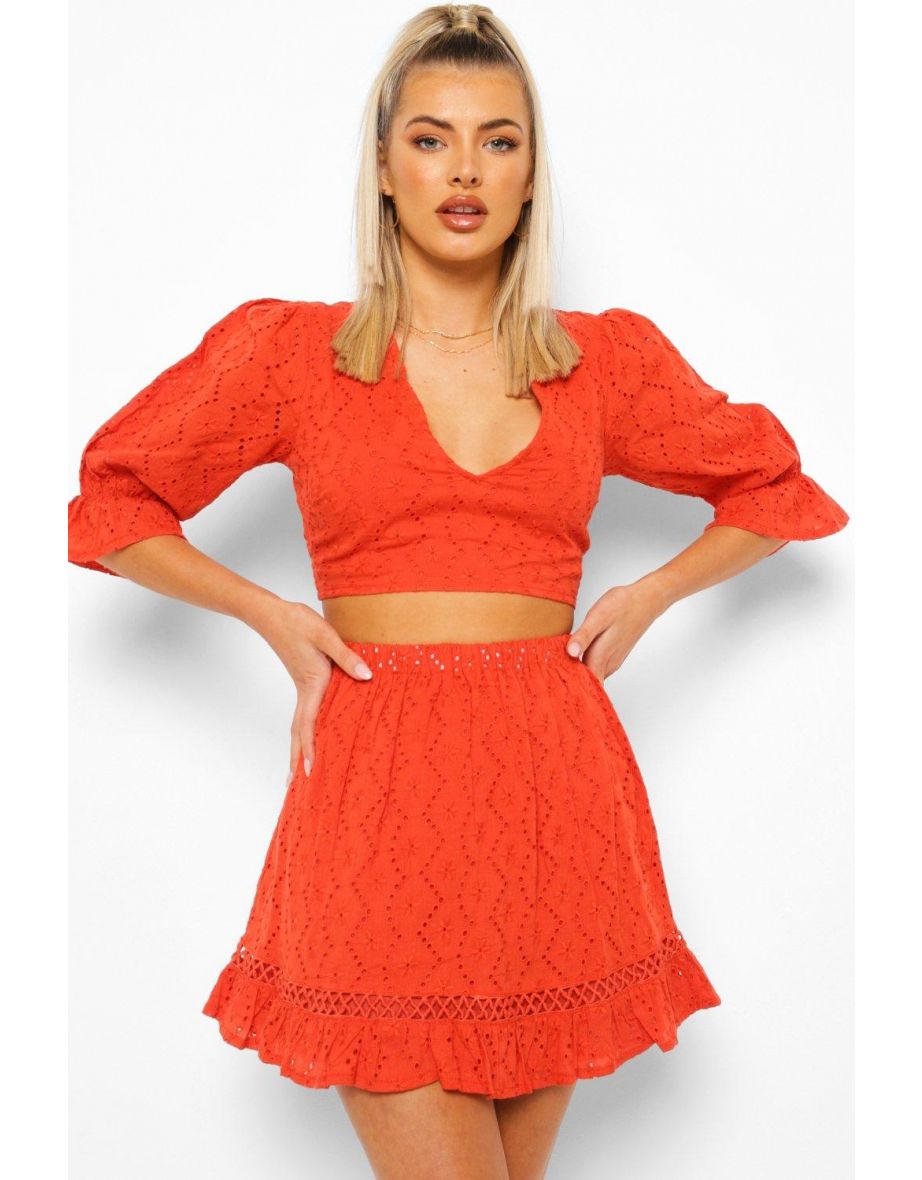 Broderie Open Back Top & Pep Hem Skirt - red orange