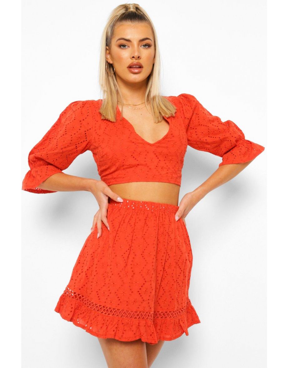 Broderie Open Back Top & Pep Hem Skirt - red orange - 3